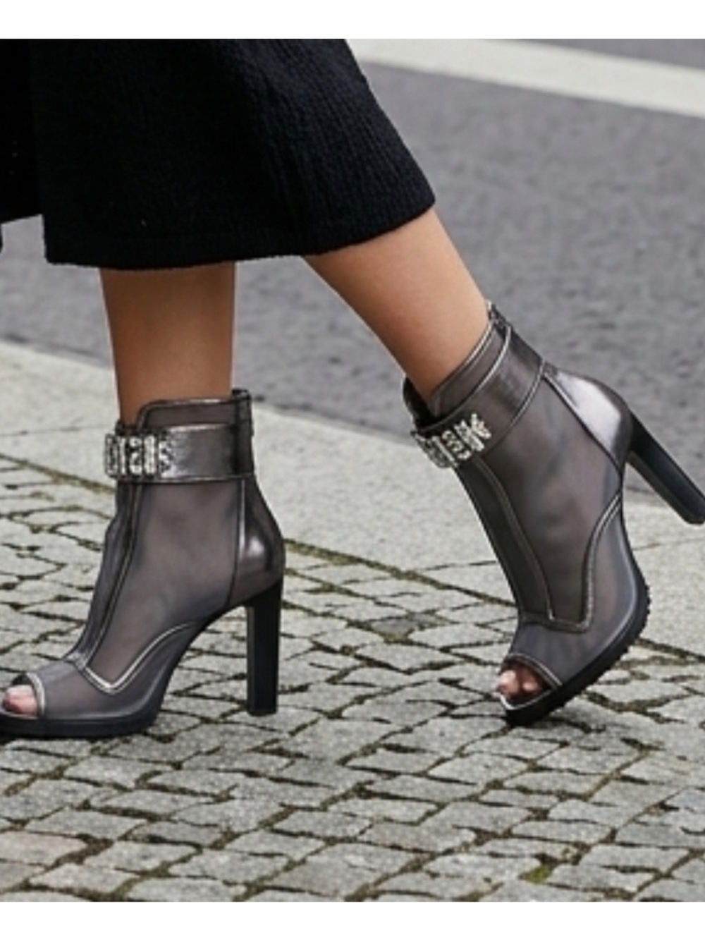 Women's Metallic black  Peep-Toe Ankle Boots with black Embellished Strap
